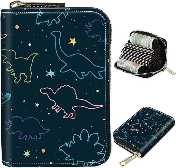 BWEGRHE Cute Credit Card Holder with Zipper, Fun Dinosaurs RFID-Blocking Card Case Small Wallet for Women Men, Multi-slot Card Organizer Case Travel Accordion Wallet