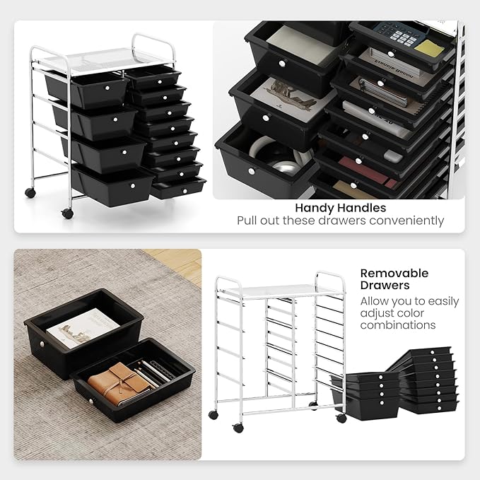 Giantex 12 Drawer Rolling Cart with Drawers, Storage Organizer Cart for Classroom Office School Teacher, Mobile Drawer Cart for Tools, Crafts, Small Printer, Black