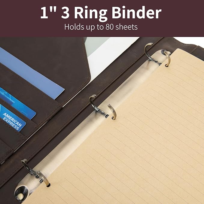 Geslun Genuine Leather 3 Ring Binder, 8.5 x 11 Letter Size Folio with Pen Holder, Soft Notebook Portfolio Cover, Slim Notepad Padfolio Thin File Organizer for Work Executive Meeting, Dark Khaki