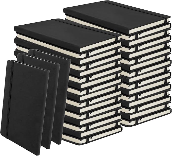 PEDOBALI 35 Pcs Lined Journal Notebooks with Elastic Band, 5.5 x 8.3 Inch Black Executive Notebooks Bulk, Pu Leather A5 Hardcover Notepad for Business Office School