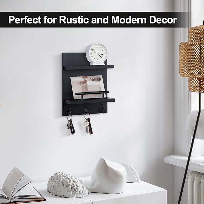 Lucundm Key Holder Wall Mount, Mail Shelf Decor with 3 Key Hooks, Versatile Wood Wall Organizer for Entryway Hallway (8.2” x 10.6”x 3.6”) (Black)