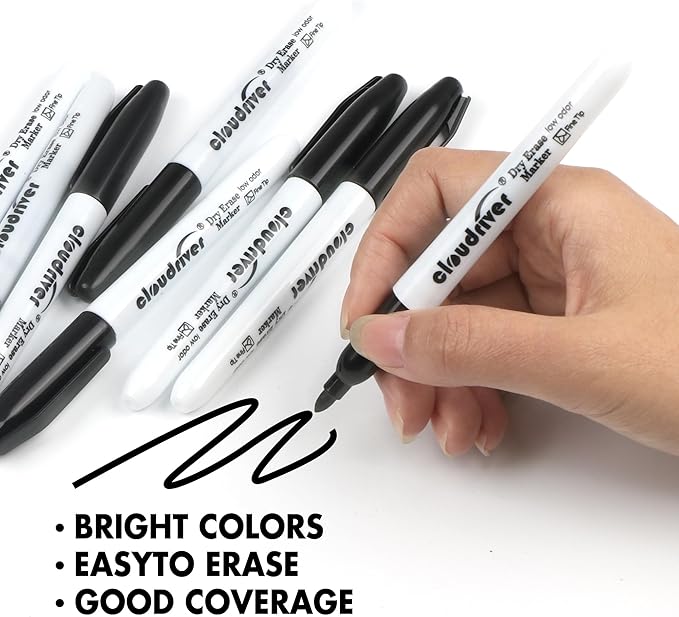 cloudriver Fine Tip Dry Erase Markers Black, 60 Pack Black Whiteboard Markers Bulk, Low-Odor, Ideal For School Office Home Use
