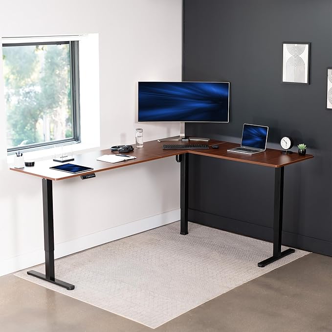 VIVO Electric Corner 84 x 63 inch L-Shaped Standing Desk, Memory Height Adjustment, Dark Walnut Top Black Frame, DESK-E3CTBD-84