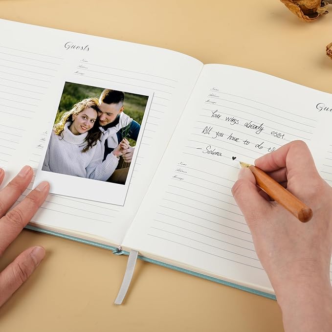 Blue Leather Wedding Guest Book,Polaroid Guest Book for Vacation Home,Wedding Reception,Funeral,Party,Memorial Service,10.3x8'' Embossed Gold Guestbook,House Visitor Guest Sign in Book with Pen