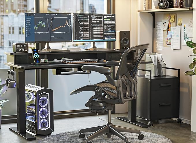 FEZIBO 40 x 24 Inch Height Adjustable Electric Standing Desk with Double Drawer, Computer Desk, Home Office Stand Up Table with 4 Height-Adjustable Feets & 2 Hooks, Black