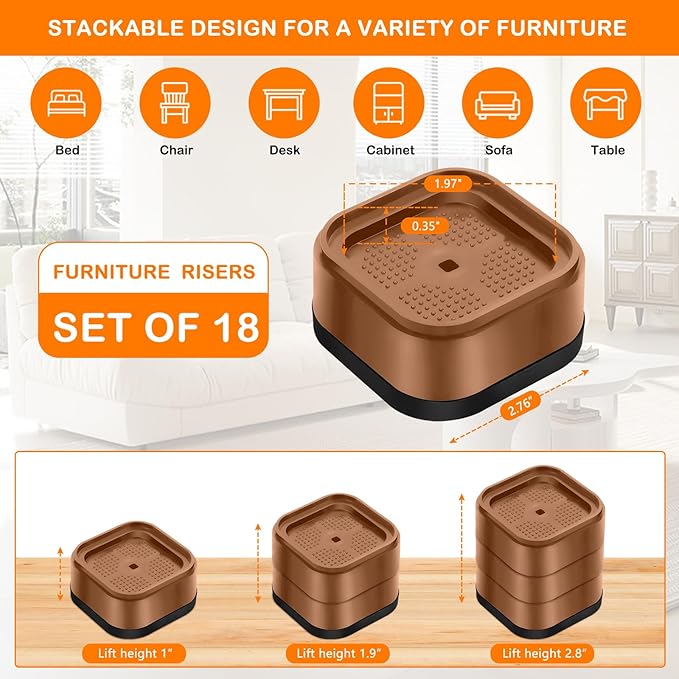 shouwuhho 18 Pack Furniture Risers Adjustable Bed Risers Heavy Duty Lifts Height 1", Square Stackable Bed Risers 1, 2 or 3 Inch for Desk Leg Table Couch Sofa Chair Bed Frame Legs Dorm, Brown