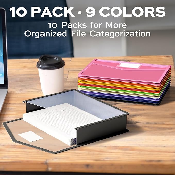 Deli 10 Pack Plastic Expanding File Folder, Folders for Documents with Snap Closure, Colorful File Folder Organizer, Transparent Accordion File Organizer, Large Capacity, Fit Legal/B4 Size, 9 Colors