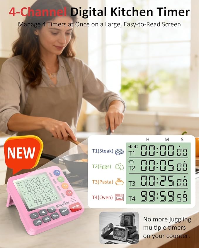 Digital Kitchen Timer for Cooking - 4 Channel Count Up Countdown Timer with Loud Alarm and Silent Mode, Large Display, Magnetic Back, Auto Memory for Classroom Study Gym, Battery Included (Pink)