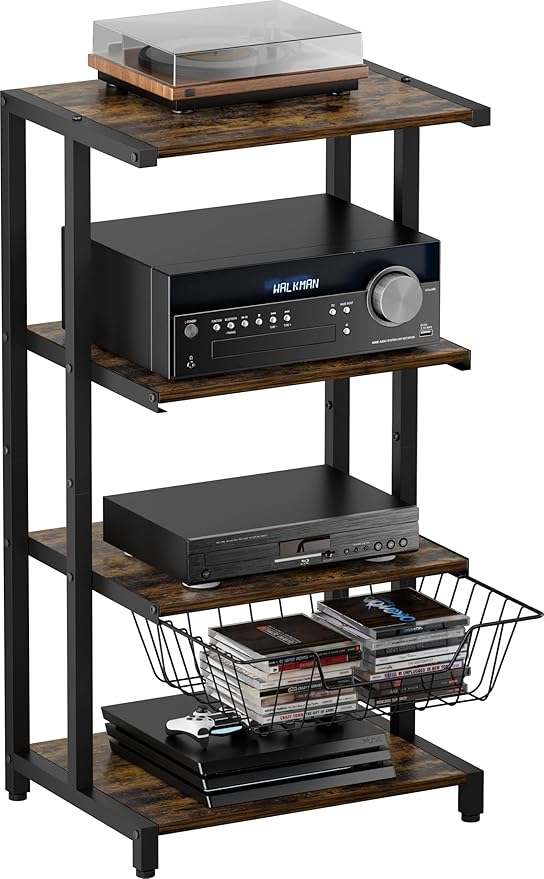 Ardier Media Stand with Detachable Baskets, 4-Tier AV Media Stand Corner Shelf for DVD Players/Cable Boxes/Games Consoles, Audio Storage Rack for Living Room, Gaming Room, Music Studio, Black