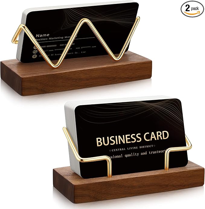Amyhill 2 Pieces Wood Business Card Holder for Desk Wooden Business Card Display Stand Postcard Holder for Office Home Desktop (Wood Color, Gold)