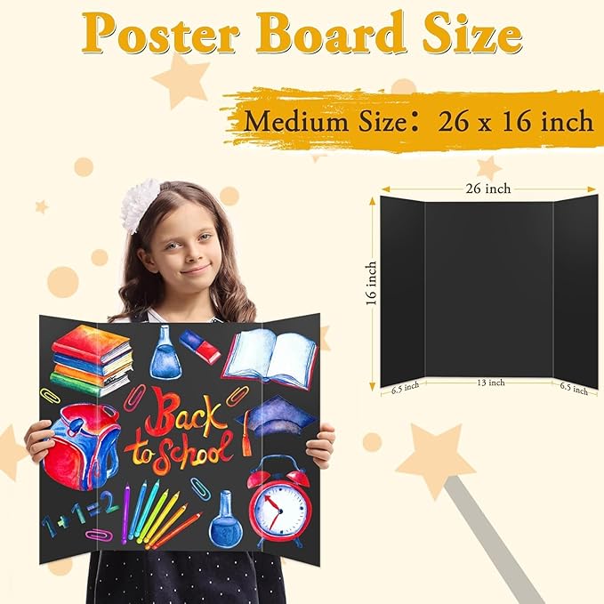 AKONEGE 4PCS Medium Trifold Poster Board 26" x 16" Black Tri Fold Presentation Boards, Corrugated Cardboard Picture/Project Display Boards for Event, Exhibition, Business, School Project, Science Fair