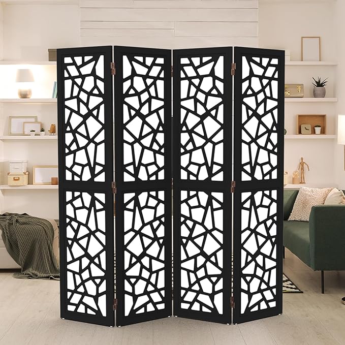 VINGLI 70'' H Room Divider, Non-Woven Fabric Privacy Screen, Indoor Partition Wall Dividers, Freestanding Hinged Space Separator with Modern Unique Pattern (Black, 4 Panel)