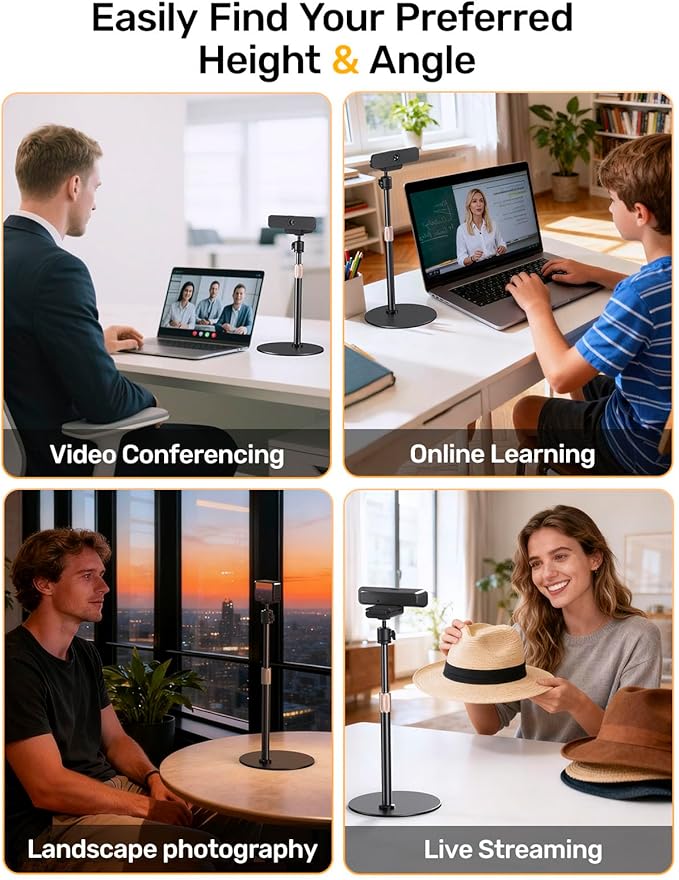 Upgraded Webcam Stand for Desk, Telescopic Webcam Tripod Mount with Ball Head, Compatible with Logitech Camera C922 C930e C920S C920 C615 C960 C920x BRIO 4K NexiGo N60, Phone Holder with 1/4" Thread