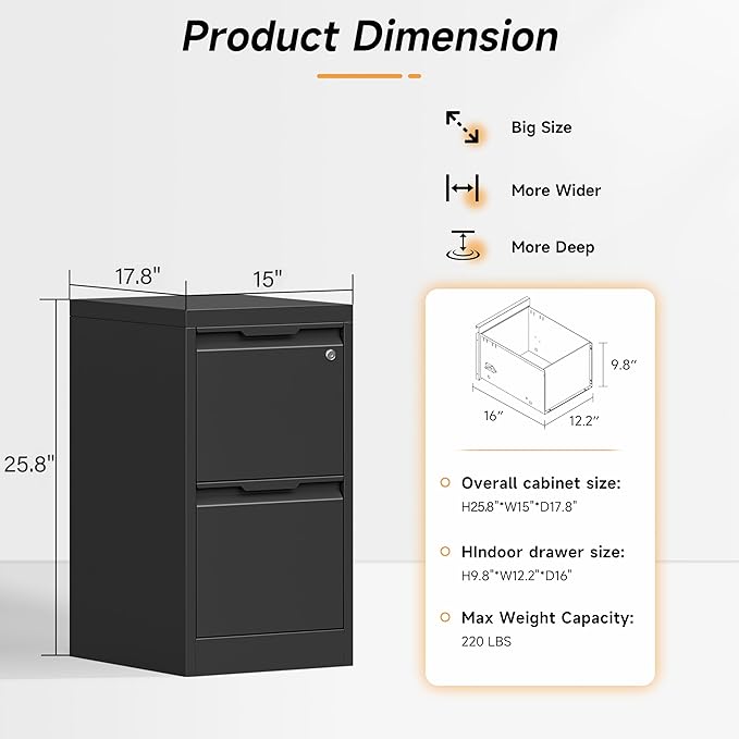 Bestoo 2-Drawer File Cabinet with Lock, Metal Filing Cabinet for Home Office, Vertical Filing Storage Cabinets, Fits File Folders, Letter/Legal/F4/A4 Size, Assembly Required (Black)
