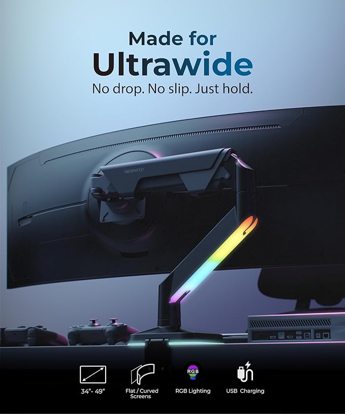 Modernsolid Heavy Duty Ultrawide Monitor Arm with RGB Lighting & USB Charging, Fits 34 to 49 inch Curved Screens, Supports 14 to 38 lbs, Adjustable Desk Mount, Gaming Setup, Black