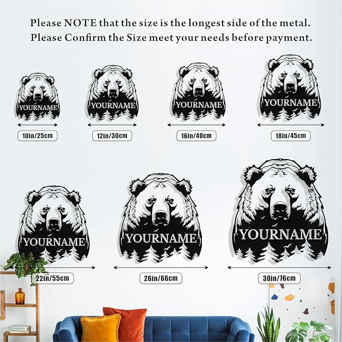 Custom Bear Metal Sign, Custom Bear Metal Wall Art Decor, Personalized Last Name Signs for Home, Rustic Farmhouse Black Wall Decor for Cabin, Bedroom, Living Room, Porch