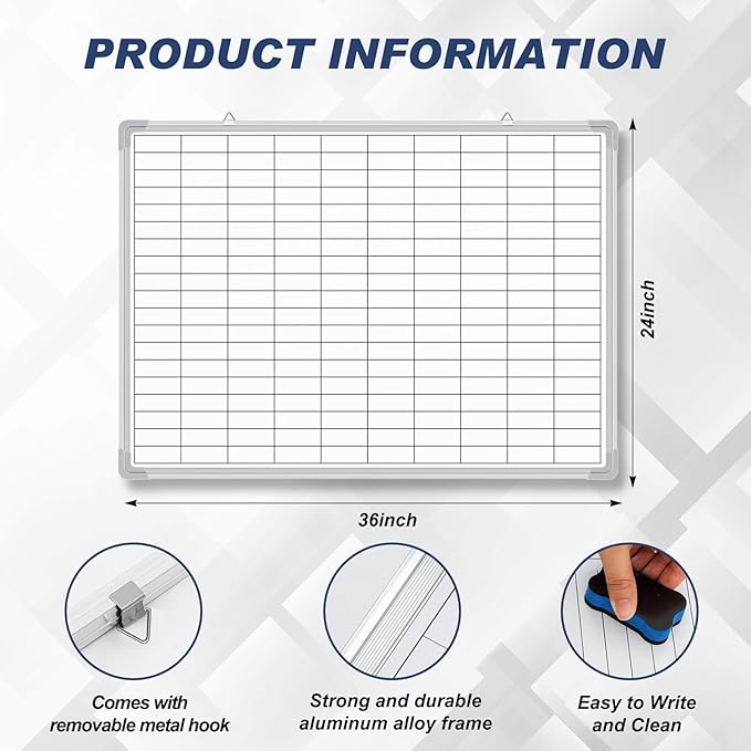 Lined Whiteboard Blank Grid Aluminum Frame Dry Erase Board Reusable Wall Mounted Board for Scheduling, to Do Lists Weekly Planning Home Work(36 x 24 Inch,Whiteboard with Grid)