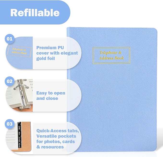 Reﬁllable Address Book with Alphabetical Tabs, Gold Foil Hardcover Phone Book 648 Contacts Book, 48 Passwords Combo Book, Large Print Address Books for Seniors, A5, Blue