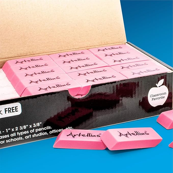 Artellius Pink Erasers | Latex & Smudge Free | Bulk School Supplies | Classrooms, Teachers, Homeschool, Office, Art Class | Large Size (Pack of 100)