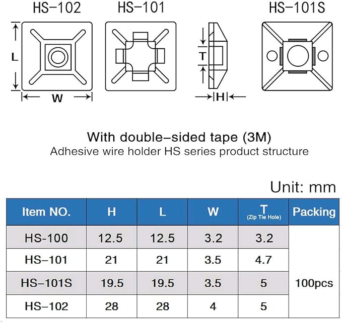XHF 200 PCS 1/2" Black Self Adhesive Cable Zip Tie Mounts Wire Cable Clips Holders Management Anchors Organizer Holders Squares(HS-100)