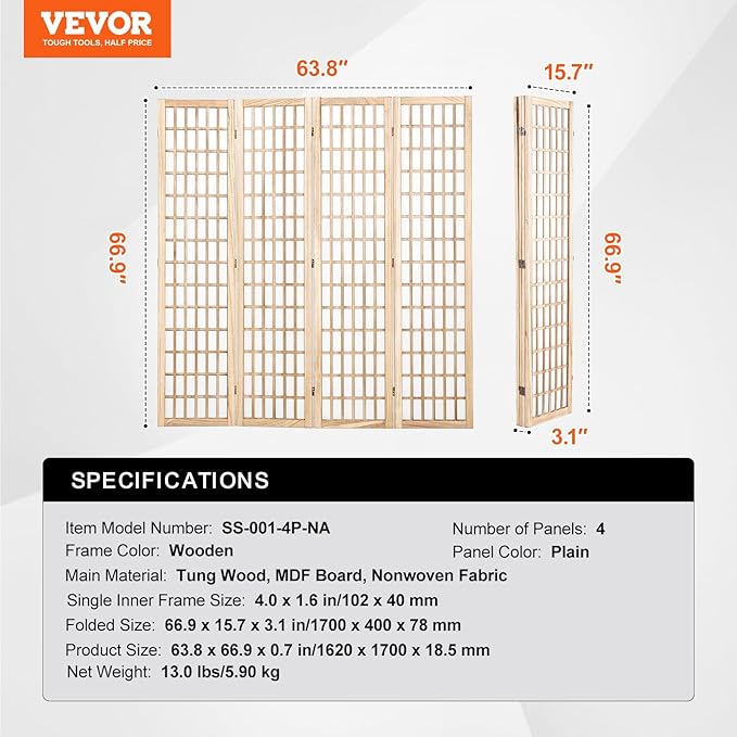VEVOR Room Divider, 4 Panel Japanese Room Divider, Folding Privacy Screen Indoor, Portable Partition Dividers and Decoration Screens, for Room Separation, Home, Office, Restaurant & Bedroom (Natural)