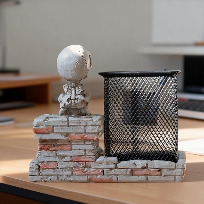 Daisylily Skull Pencil Holder, Skeleton Pen Cup, Mesh Pen Holder for Desk Office Pen Organizer, Pencil Cup Storage Containers