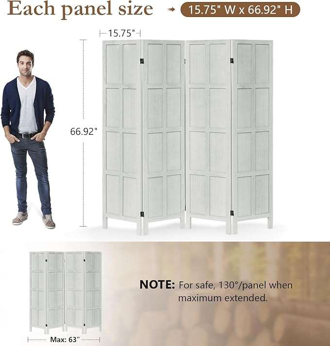 ALeesing 4 Panel Room Divider, 5.6Ft Wood Room Dividers and Folding Privacy Screens, Room Divider Wall Freestanding Room Partitions, Room Dividers Screen for Home Office Bedroom, White