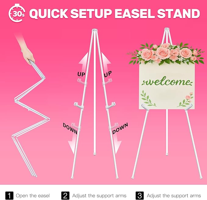 VAIIGO 3 Pack White Easel Stand for Sign & Poster - 63" Adjustable Metal Easels for Wedding Welcome Sign, Painting, Canvas, Art Display - Portable Folding Tripod with Carry Bag, Holds 5 Lbs