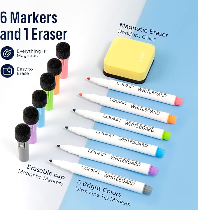 Loukin Dry Erase Calendar Set, Monthly Planner and Checklist, Electrostatic Adsorption Reusable Whiteboard for Office Classroom Refrigerator, Clings to Any Shiny Surface, 6 Markers&1 Eraser Included