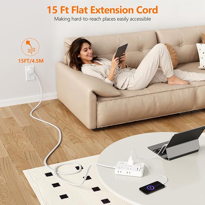 Surge Protector Power Strip 5 FT Flat Extension Cord ，10 AC Outlets & 4 USB Ports(5V/3.4A 17W), 1080J ，Wall Mountable Desktop Charging Station with Flat Plug for Office Supplies and Home, White