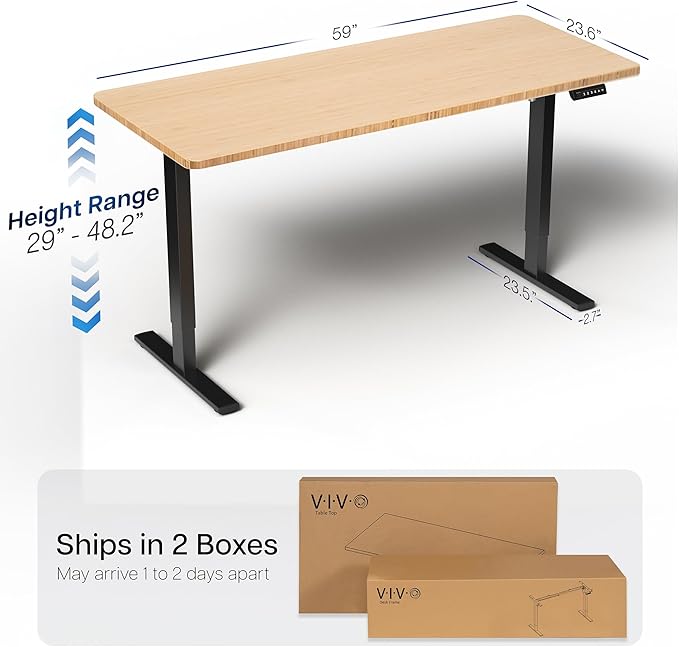 VIVO Electric 60 x 24 in Real Bamboo Standing Desk, Memory Height Adjustment, 1B Series, Holds 220 lbs, One-Piece Top, Black Frame, DESK-KIT-1B6O