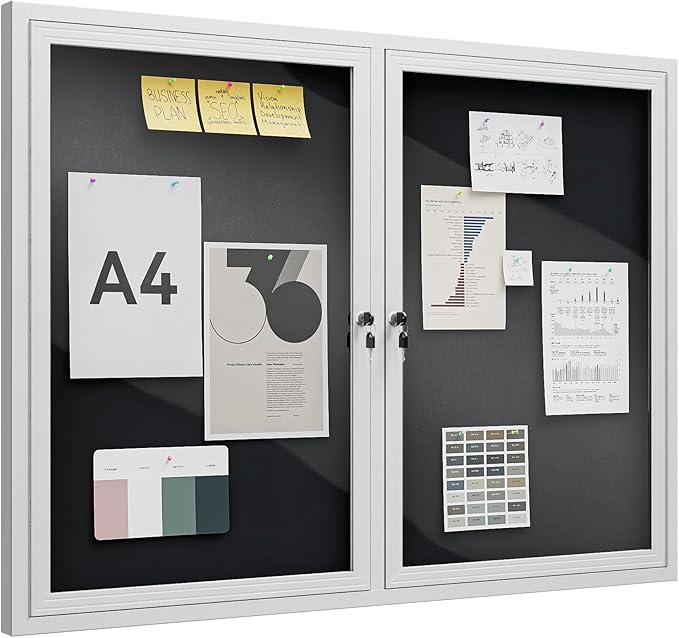 48"x36" Lockable Enclosed Bulletin Board, Outdoor Flet Weather-Resistant Aluminum Frame Notice Board, Wall Mounted Display Case Acrylic Doors for School,Office,Silver Frame w/Black Flet