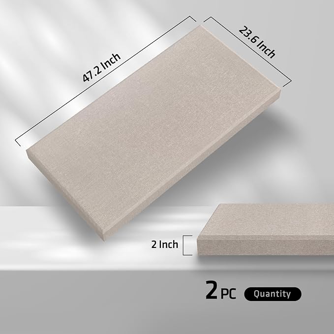 2” Thick Acoustic Panels with Hanging Hardware, 2 PCS 47.2” x 23.6” Fiberglass Sound Absorbing Panels for Home Theater Church Office Wall, Linen