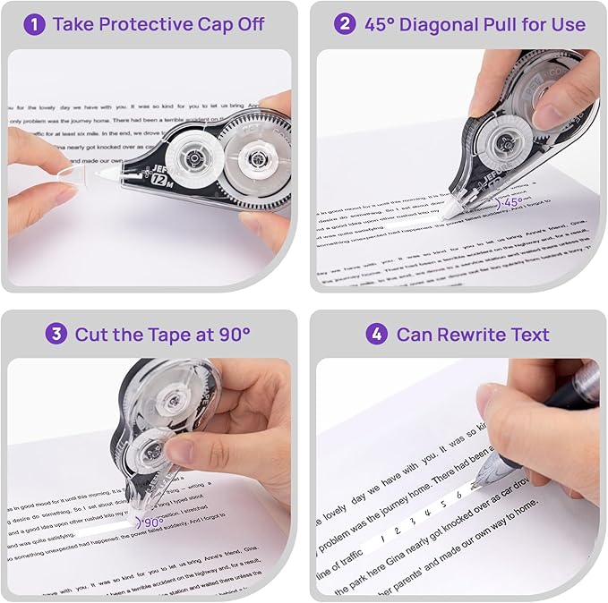 JEFURE 12 Pcs Correction Tape, 39.37 Ft White Wrong Out Tear-Resistant Bulk, Instant Corrections Easy to Use Applicator for School, Office, Note Taking, Journal (Tape Width 0.2 in，Clear)