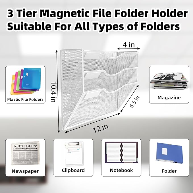 LQPAFZ 3-Tier Magnetic File Holder, No Drilling Installation File Cabinet Organizer, White Magnetic File Organizer, Magazine Rack, Magnetic Paper Holder for Refrigerator, File Cabinets,White