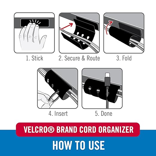 Velcro Brand Cord Organizer for Desk & Nightstand, Valentine’s Gift for Him, 5 Cable Slots with Sleeve Routing, Adhesive Wire Holder for Cord Management, Home, Office & Gaming, Black 2 Pack