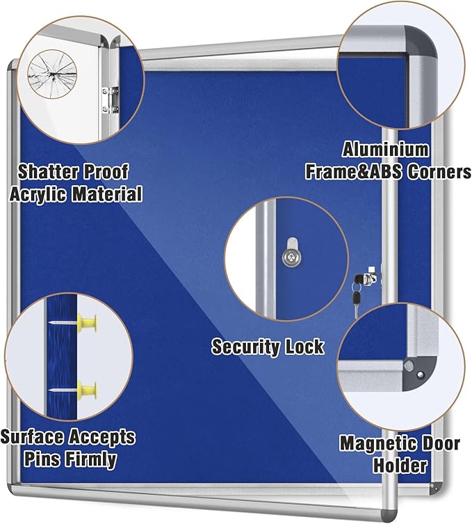 Mifuro 38"x38" Enclosed Bulletin Board, Lockable Weather-Resistant Aluminum Cork Noticeboard for School & Office, Silver Frame w/Blue Flet