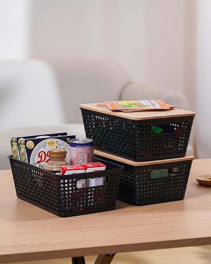 Anywish Storage Bins with Lids 10 Packs, Plastic Storage Bins with Bamboo Lids for Pantry Organization and Storage Containers for Shelves Drawers Desktop Closet Playroom Classroom Office Home, Black