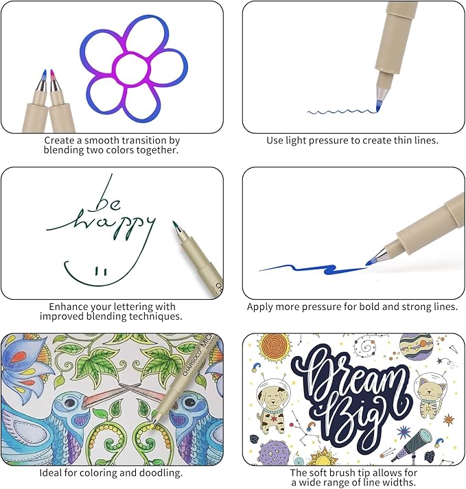 CHARSOCO Arts Sign Brush Pen, Felt Tip Water Based Ink with 36 Colors, for Journaling, Lettering, Calligraphy, Technical Drawing and Scrapbooking