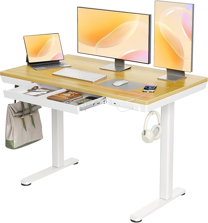 Claiks Bamboo Standing Desk with Drawers, 48×24 Inch Adjustable Stand Up Desks, Quick Install Computer Desk with USB and TapeC Ports, Bamboo