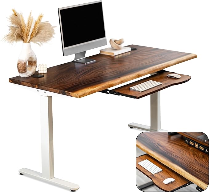 Standing Desk with Keyboard Tray – Walnut Solid Wood Desk, Natural Live Edge, Adjustable Height Dual Motor, Sit Stand for Home Office (White, W48 x D27)