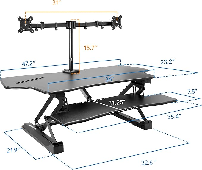 Mount-It! Electric Standing Desk Converter with Dual Monitor Arm, Stand Up Desk Riser X-Large 47.2" Wide, Electric Desk Riser with Mount for 2 Screens (Max 32"), Desktop with Keyboard Tray, USB, Black