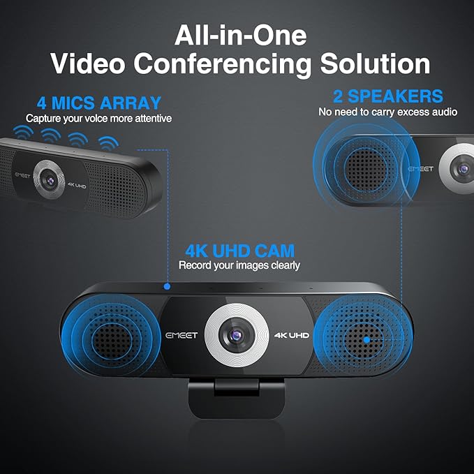 EMEET C980 PRO 3-in-1 4K Webcam with Microphone and Speaker, 60°-98° Wide Angle Webcam w/ 4 Noise Cancel Mics, 2 Speakers, Fixed Focus, Magnetic Privacy Cover, Great for Group and Personal Video Calls