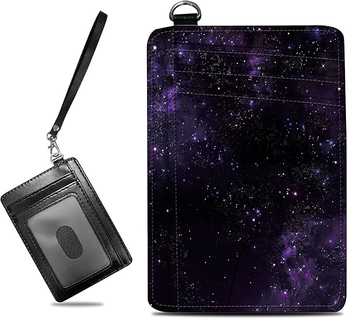 BWEGRHE Small Travel Wallets, Purple Galaxy Slim Minimalist Front Pocket Wallet with Wristlet, RFID Blocking PU Leather Credit Card Holder with ID Window Change Purse for Men Women