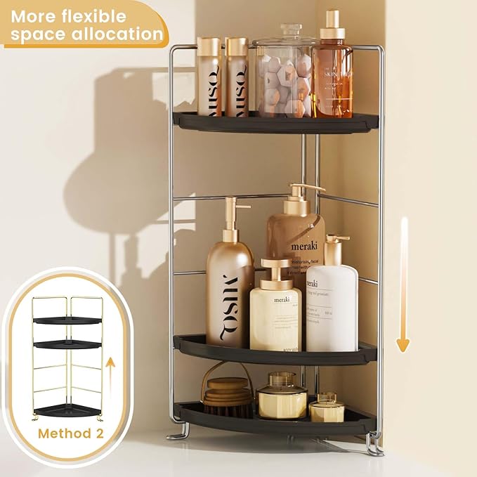 JANUS LiANG 3-Tier Corner Bathroom Organizer Countertop for Storage，Counter Tray and Vanity Organizer，Plastic Counter Organizer for Kithchen, Bathroom, Dresser 10.6 inches (Chrome + Black)
