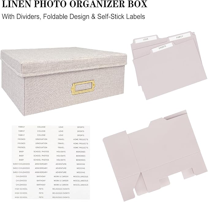 Sprsthai Linen Photo Storage Box – Holds 1700 Photos, 24 Adjustable Dividers & 72 Labels Multi-Use Organizer for Photos, Envelopes, Recipes Beige