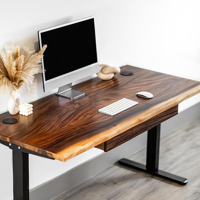 Standing Desk with Drawer – Walnut Solid Wood Desk, Natural Live Edge, Adjustable Height Dual Motor, Sit Stand for Home Office (Black, W60 x D27)