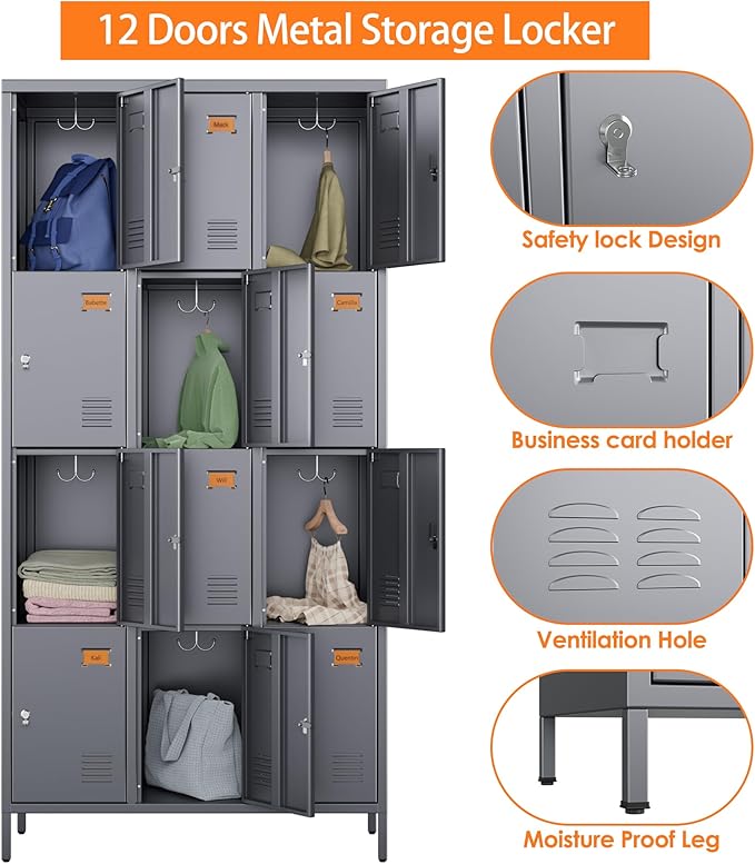 SUPEER Metal Lockers for Employees with 12 Door and 12 Hooks,Metal Storage Locker with Lock for School Office Gym Bedroom,Assembly Required,Dark Grey