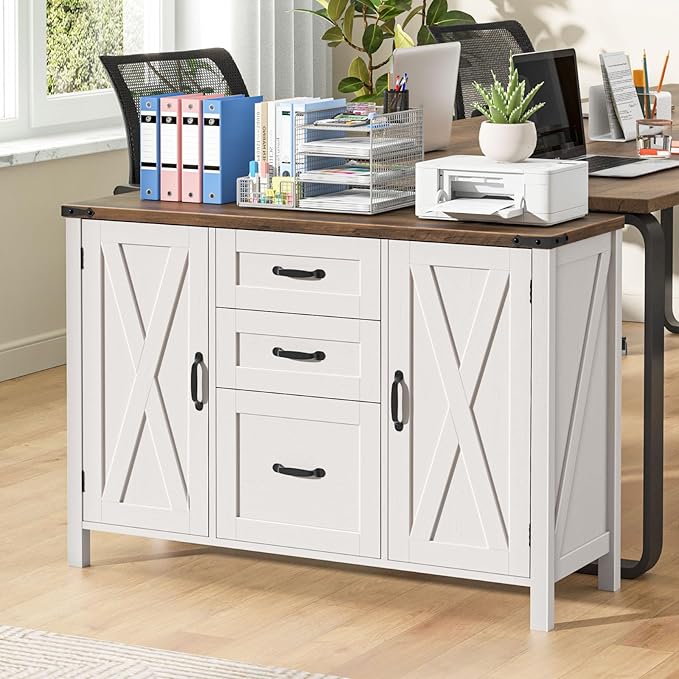 Vabches File Cabinet with 3 Drawers, Farmhouse Lateral File Cabinet Fits Files Letter/A4 Size, Wooden Filing Cabinet with Door and Adjustable Shelves Printer Stand for Home Office, Rustic White