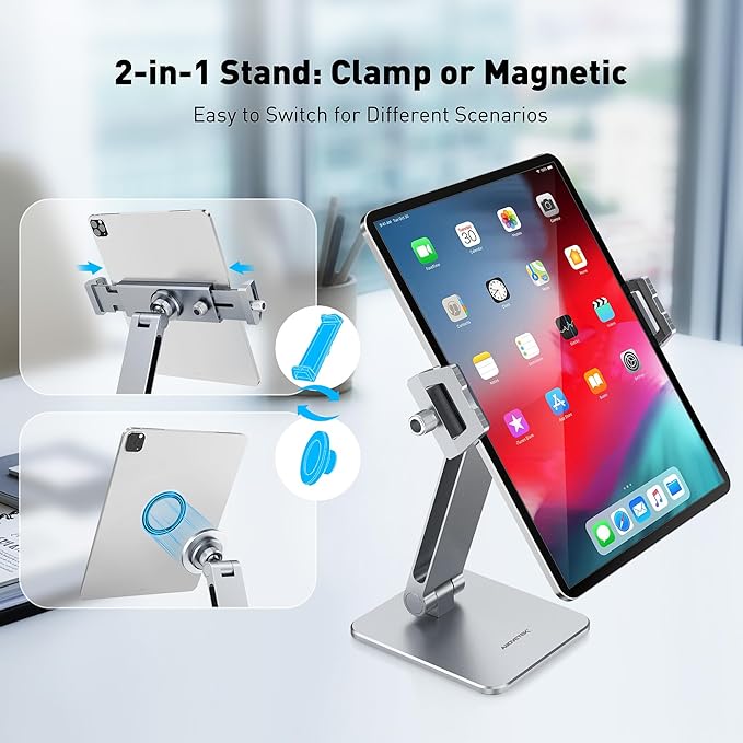 AboveTEK 2-in-1 Phone & iPad Stand, Magnetic iPad Stand with Clamp, Aluminum Tablet Holder for Desk, 360 Rotation, Suction Base, Professional for Office, Fit for Phones & 9.7–13" Tablets, Gift for Him